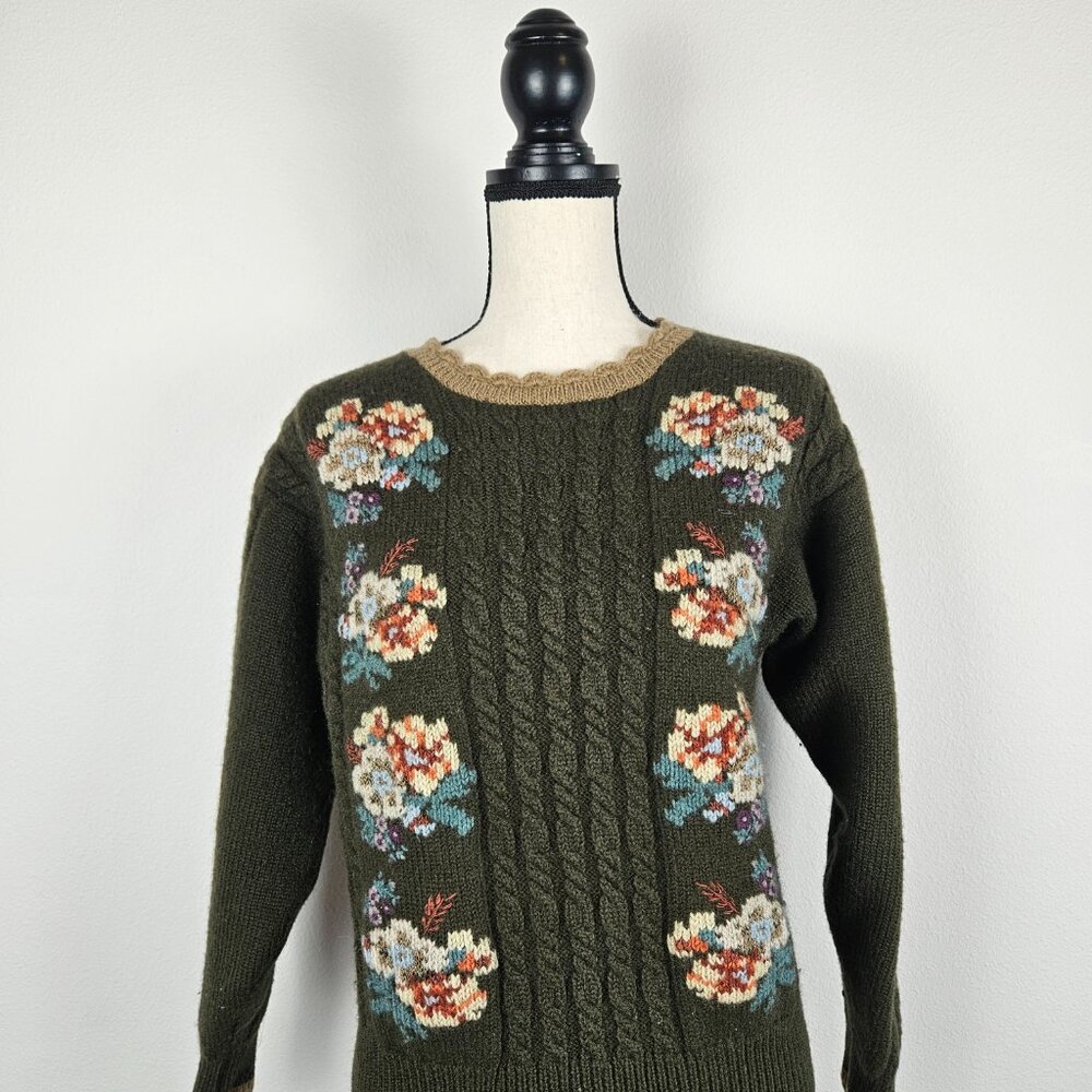 Vintage 90s Herman Geist Wool Hand Embroidered Flowers Floral Sweater Size Large - Picture 2 of 6
